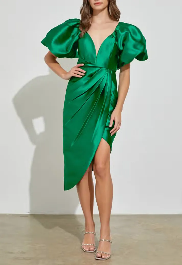 Puff Sleeve Heart Neckline Wrap Dress