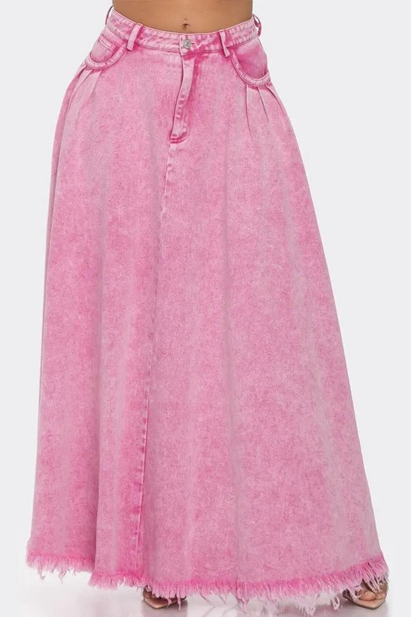 QK0661 Pink Denim Long Skirt