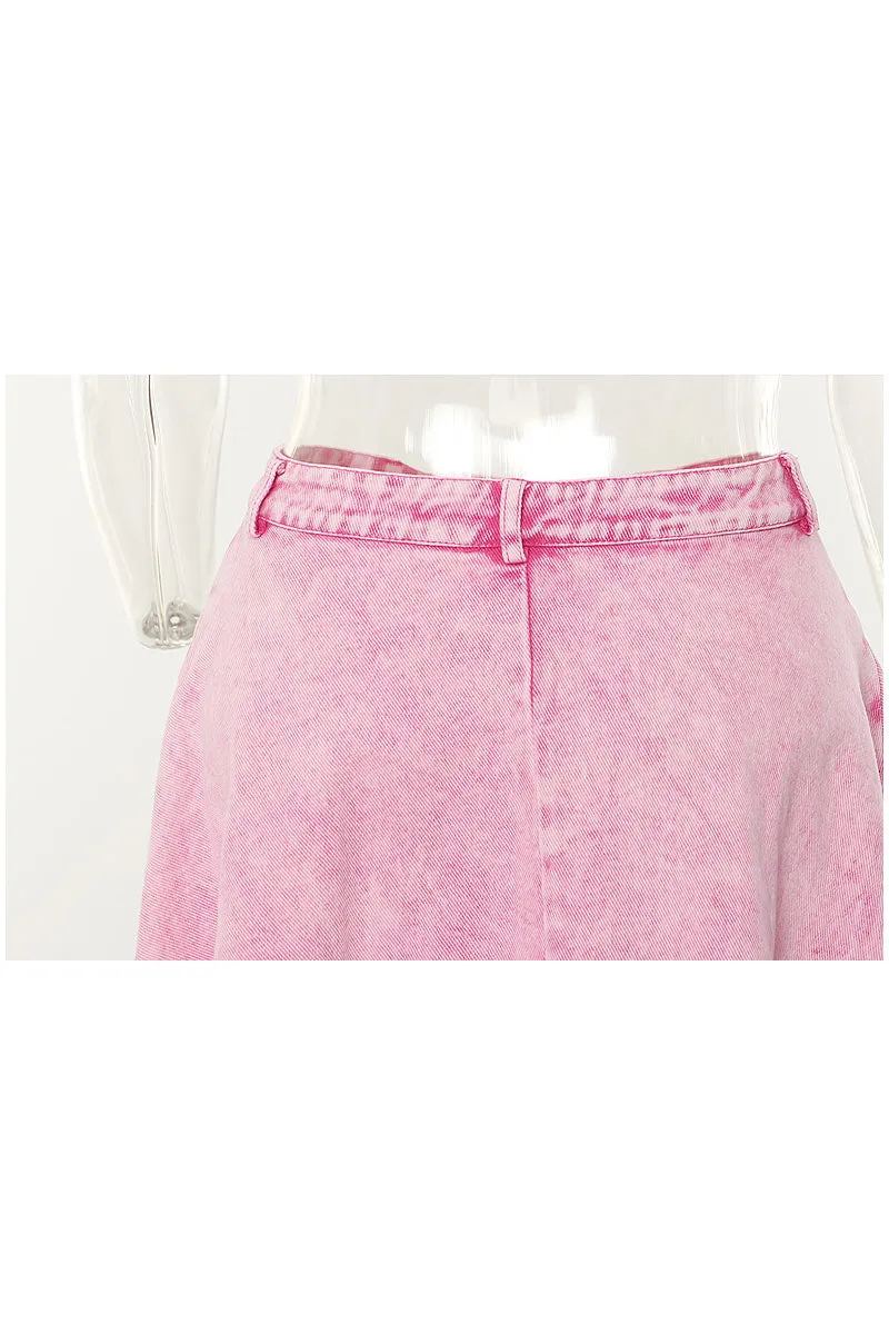 QK0661 Pink Denim Long Skirt