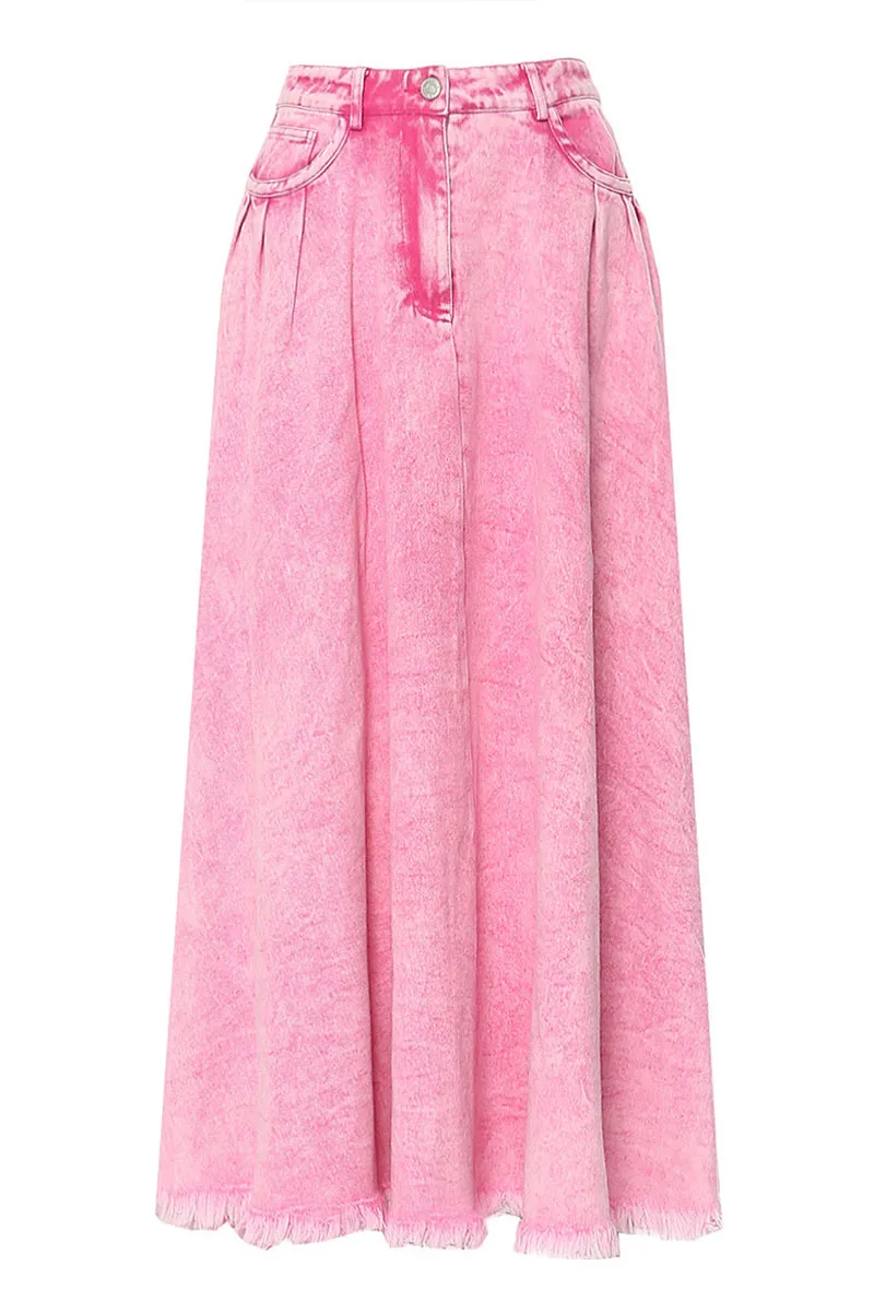 QK0661 Pink Denim Long Skirt