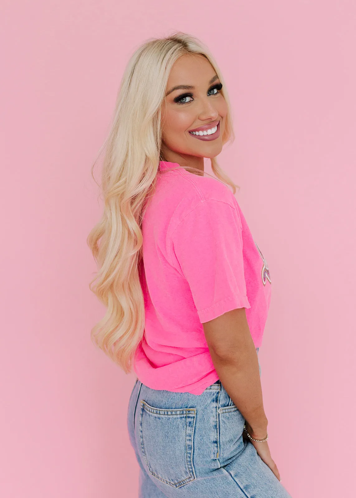 Rainbow Love Sequin Patch Neon Pink Tee