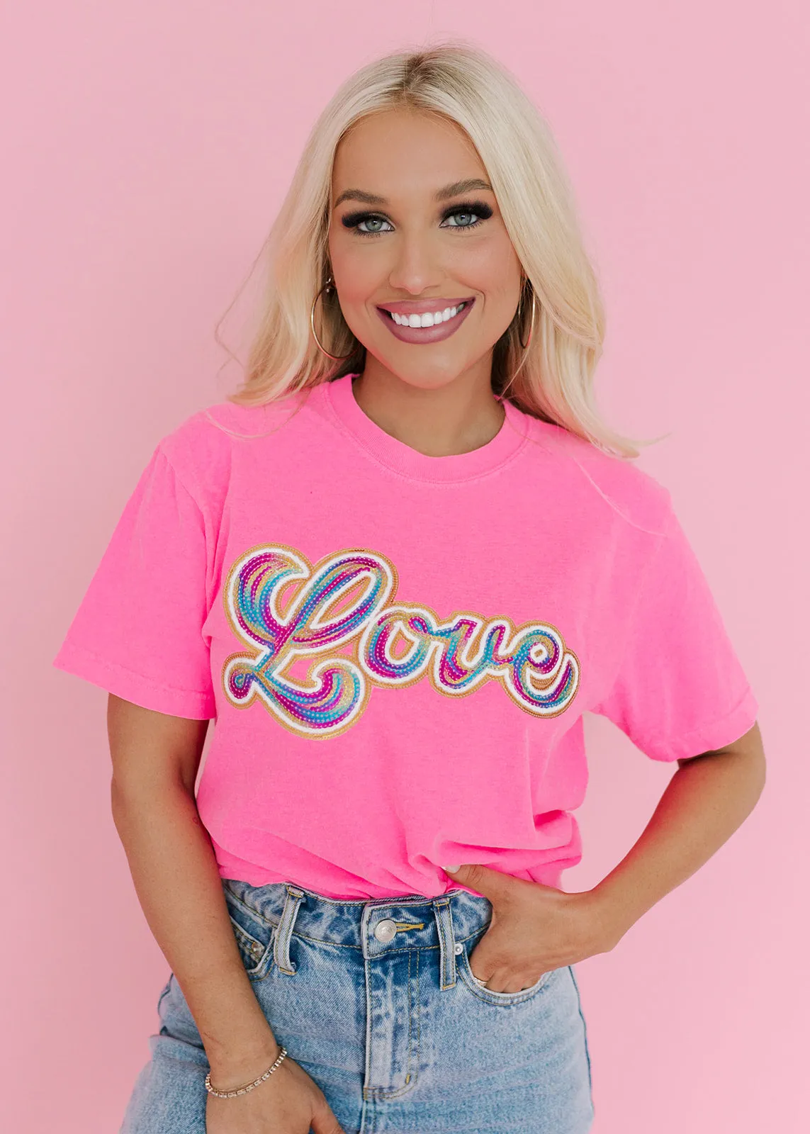 Rainbow Love Sequin Patch Neon Pink Tee