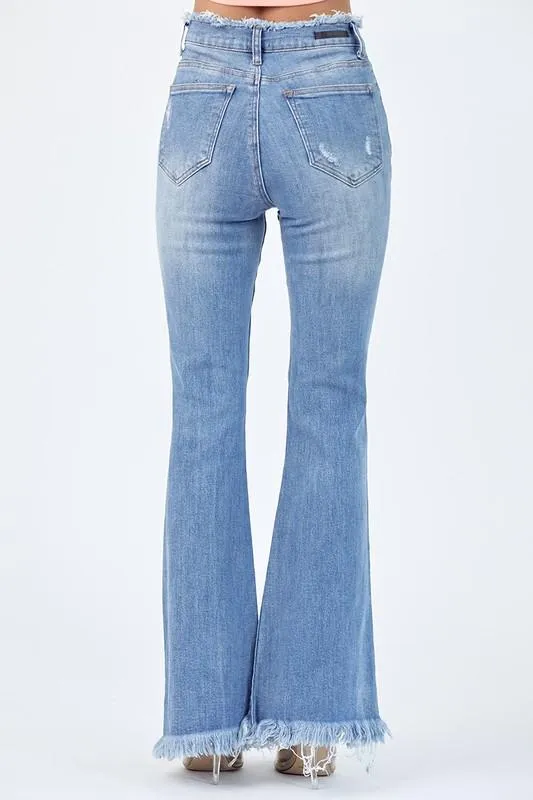 Raw Edge Waist Frayed Hem Flare Jeans