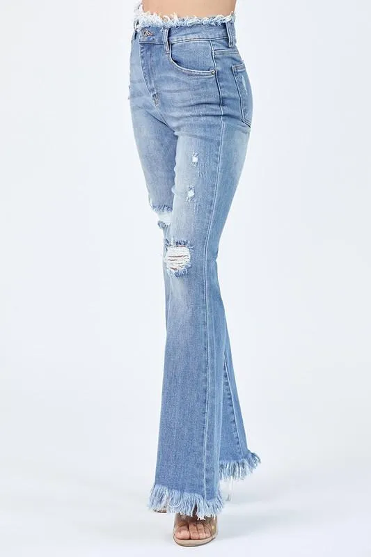 Raw Edge Waist Frayed Hem Flare Jeans