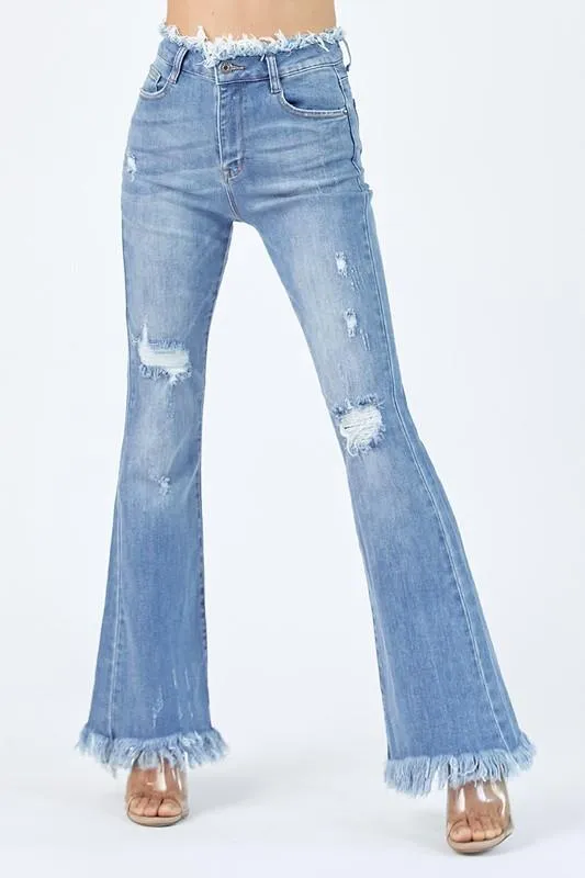 Raw Edge Waist Frayed Hem Flare Jeans