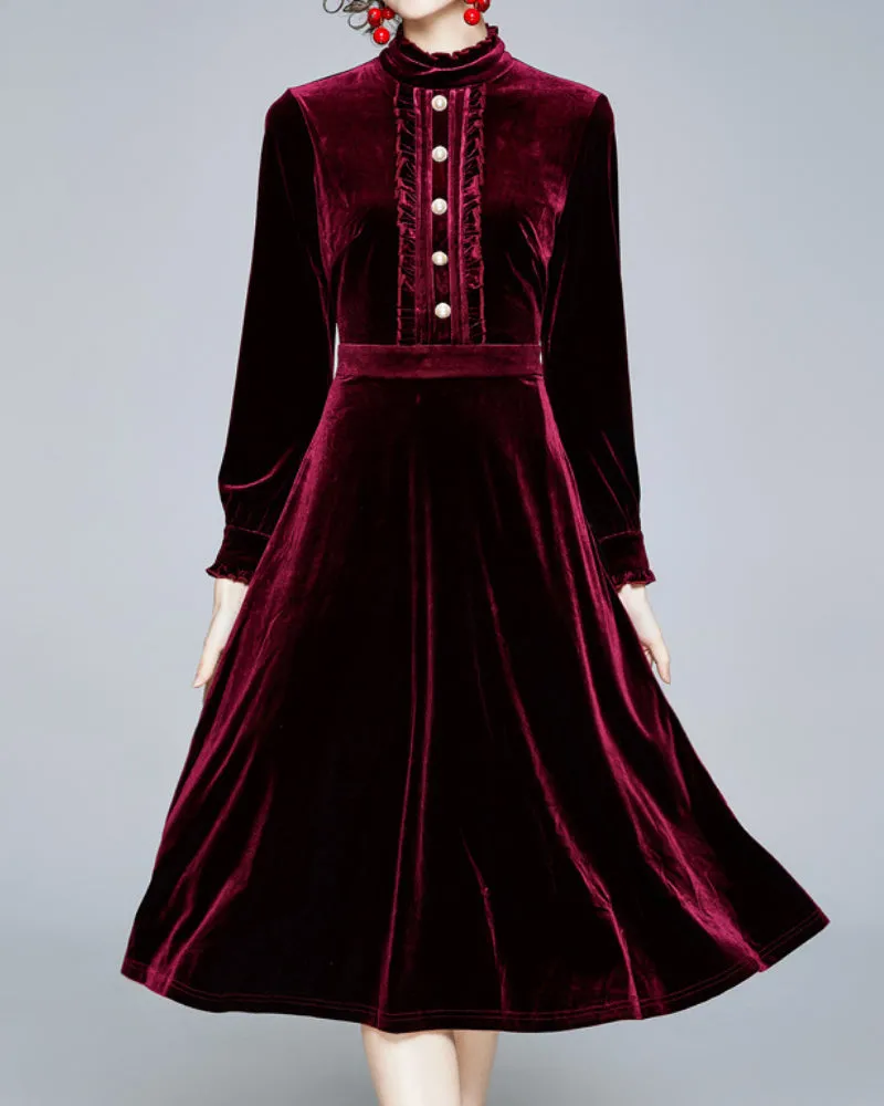 Red Velvet Pearl Button Single-breasted Midi Dresses
