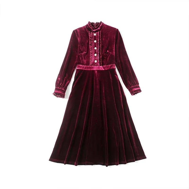 Red Velvet Pearl Button Single-breasted Midi Dresses