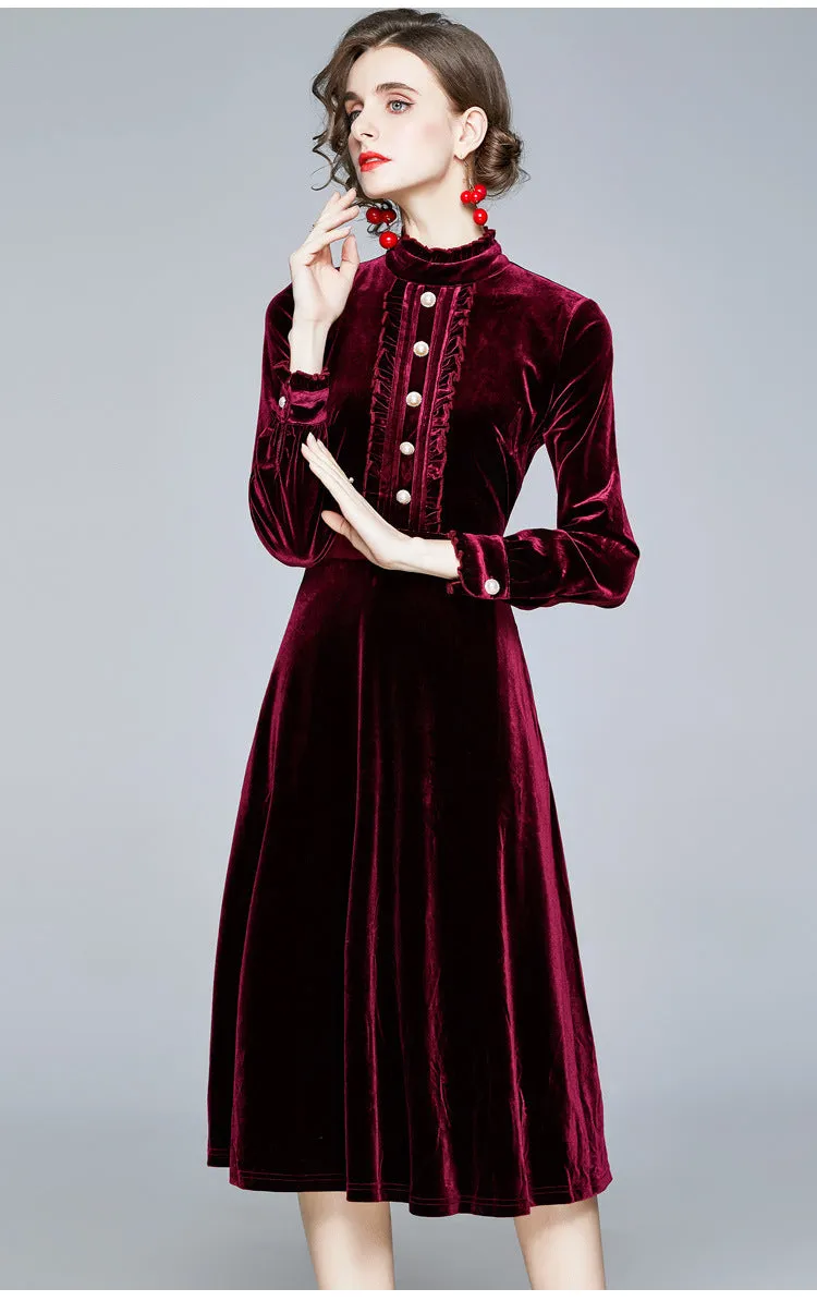 Red Velvet Pearl Button Single-breasted Midi Dresses