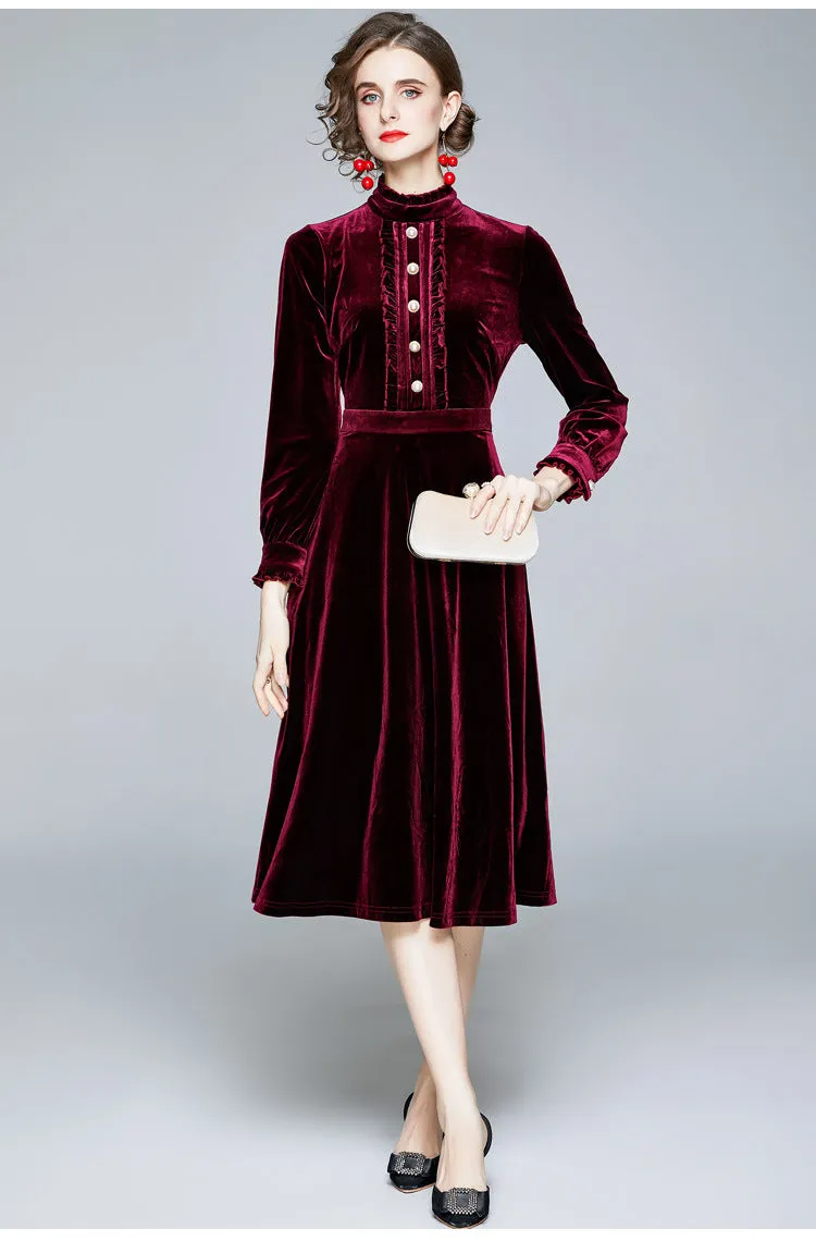 Red Velvet Pearl Button Single-breasted Midi Dresses