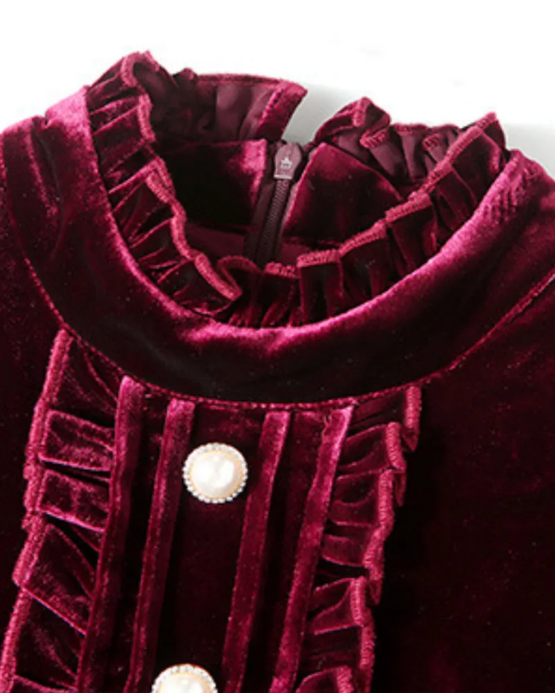 Red Velvet Pearl Button Single-breasted Midi Dresses