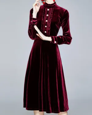 Red Velvet Pearl Button Single-breasted Midi Dresses