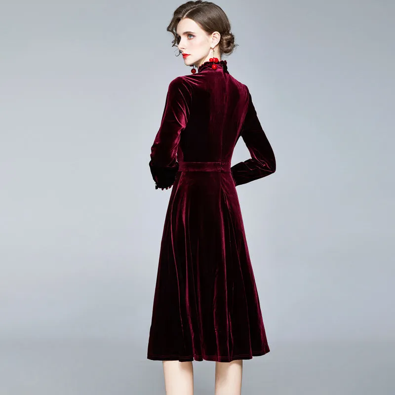 Red Velvet Pearl Button Single-breasted Midi Dresses