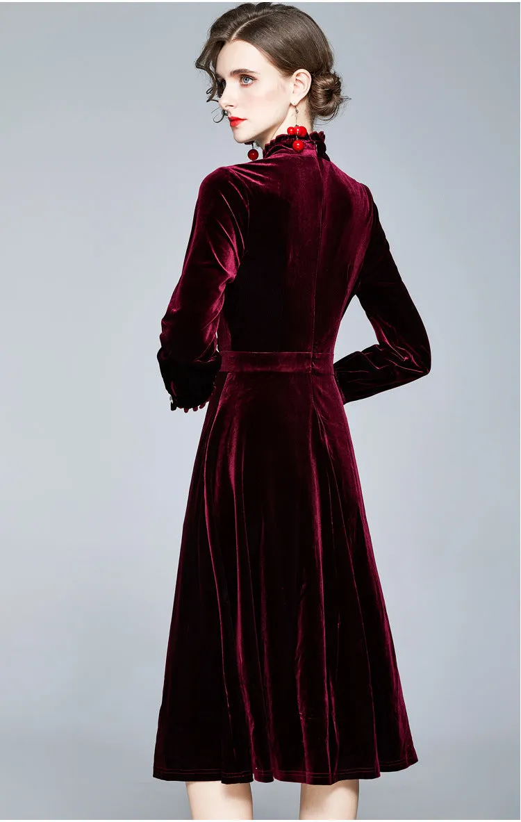 Red Velvet Pearl Button Single-breasted Midi Dresses