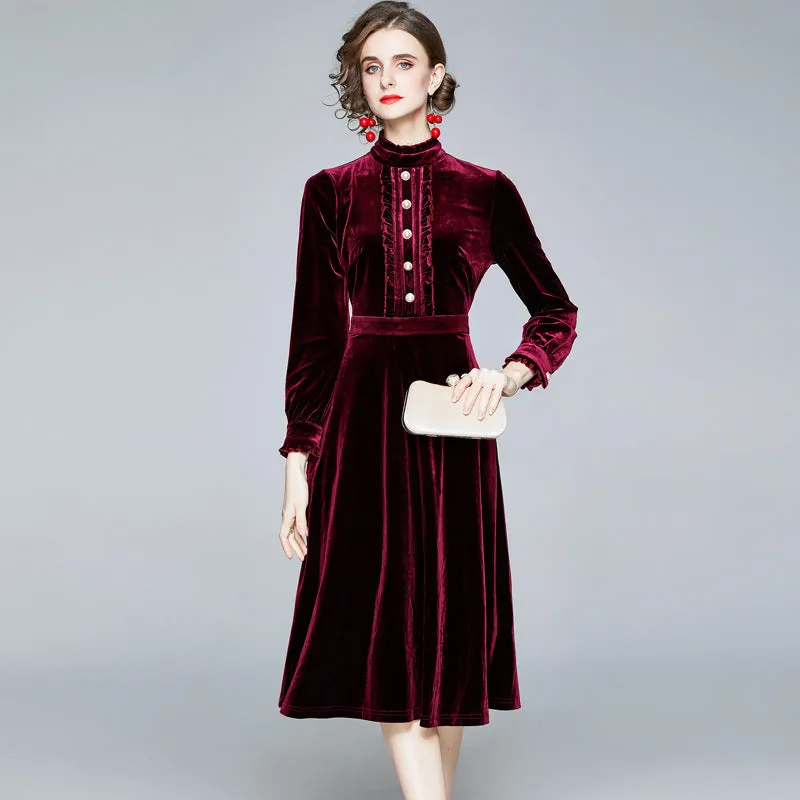 Red Velvet Pearl Button Single-breasted Midi Dresses