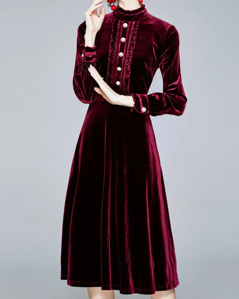 Red Velvet Pearl Button Single-breasted Midi Dresses