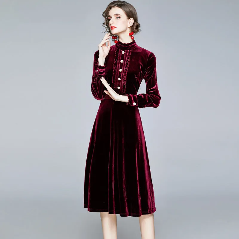 Red Velvet Pearl Button Single-breasted Midi Dresses