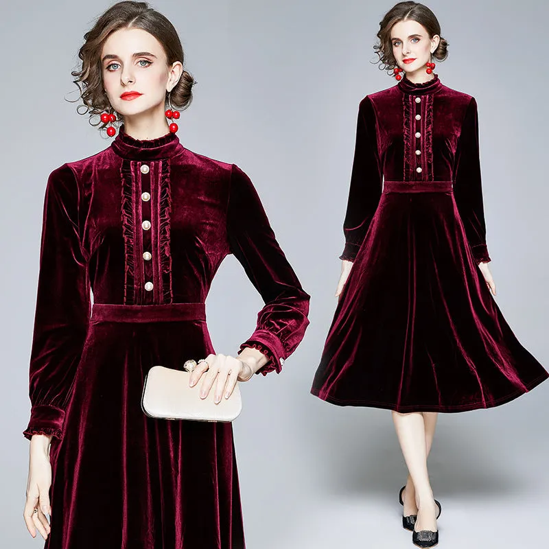 Red Velvet Pearl Button Single-breasted Midi Dresses