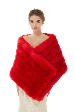 Red Wedding Shawl Faux Fur Stole Fluffy Bridal Wrap Shrug