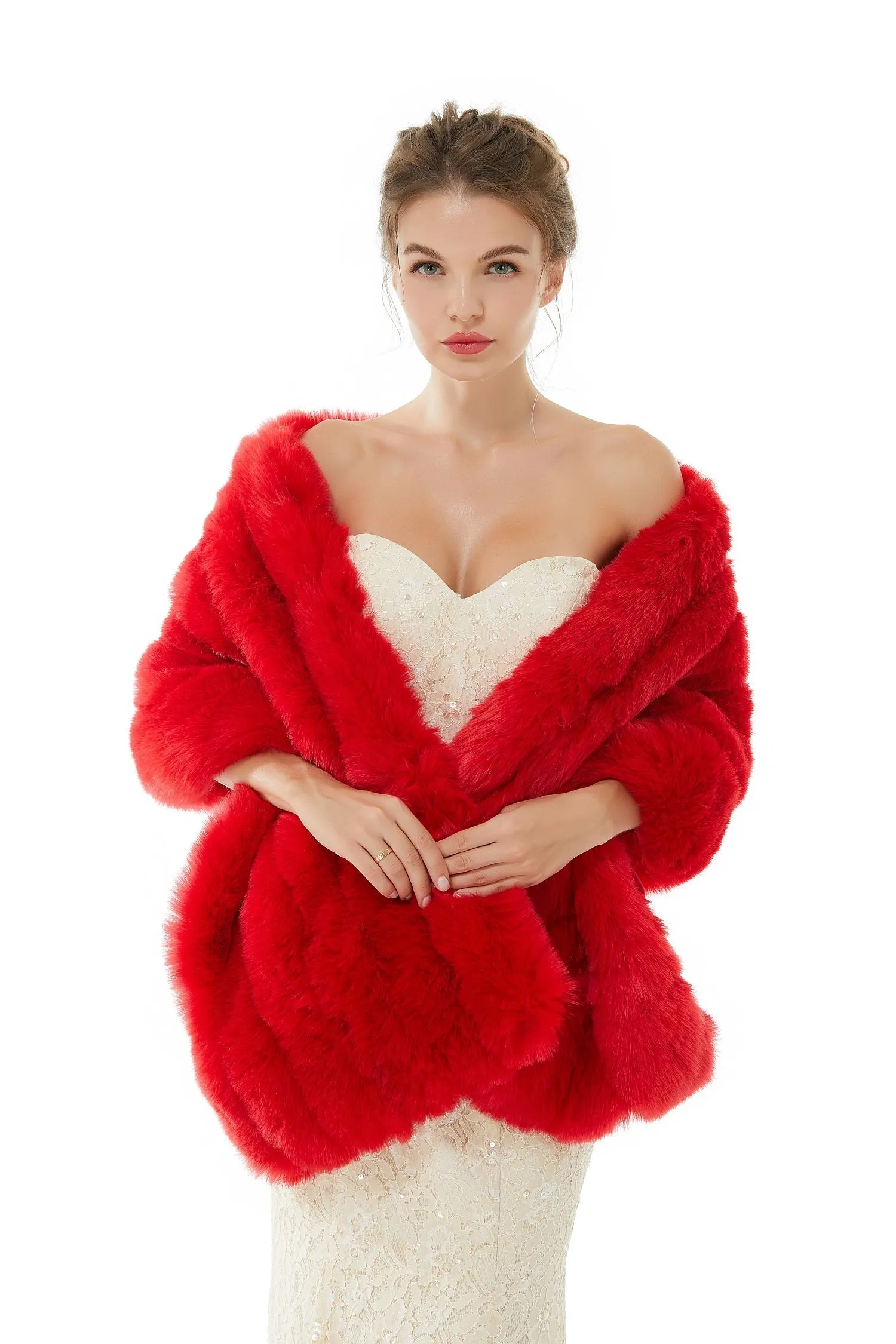 Red Wedding Shawl Faux Fur Stole Fluffy Bridal Wrap Shrug