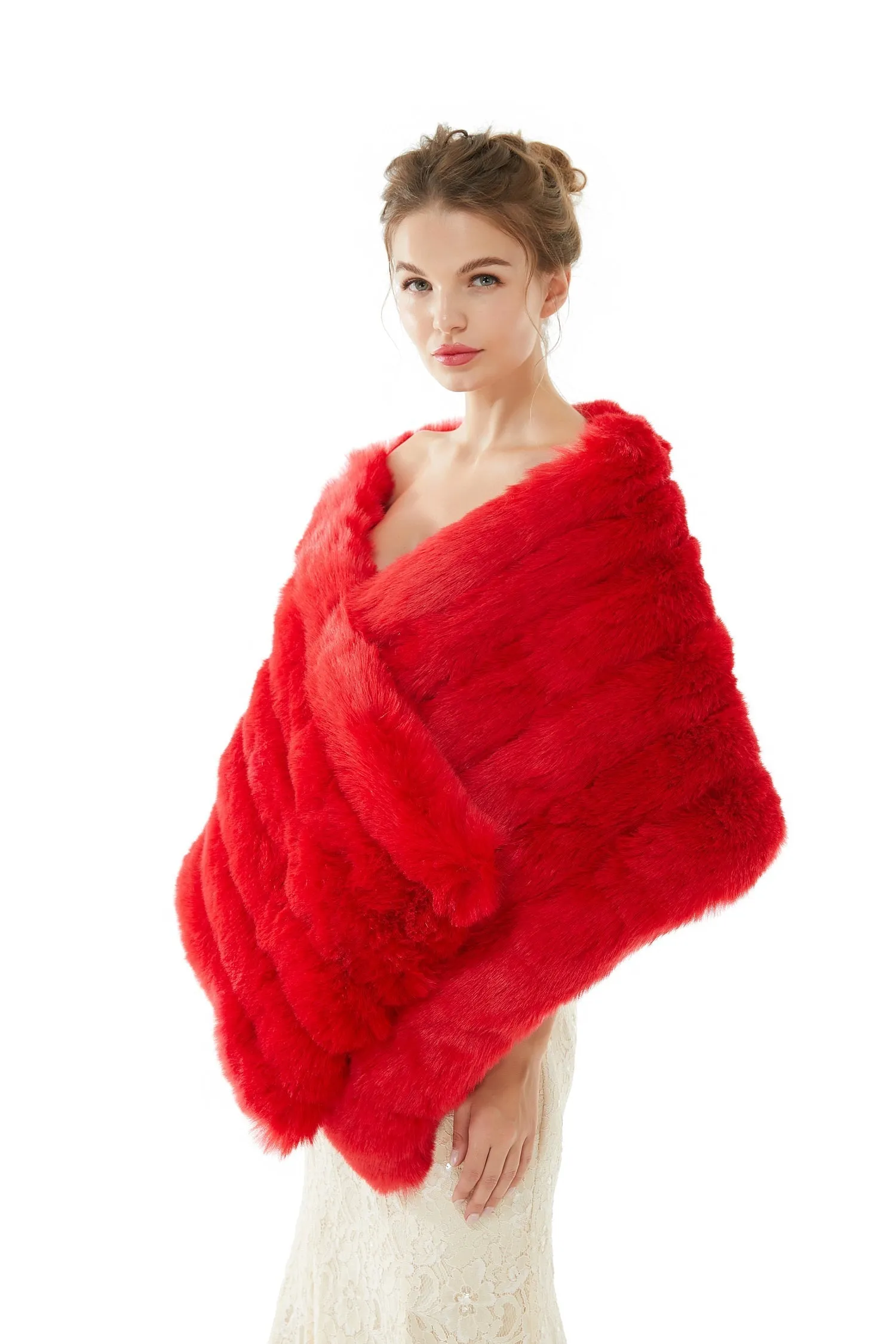 Red Wedding Shawl Faux Fur Stole Fluffy Bridal Wrap Shrug