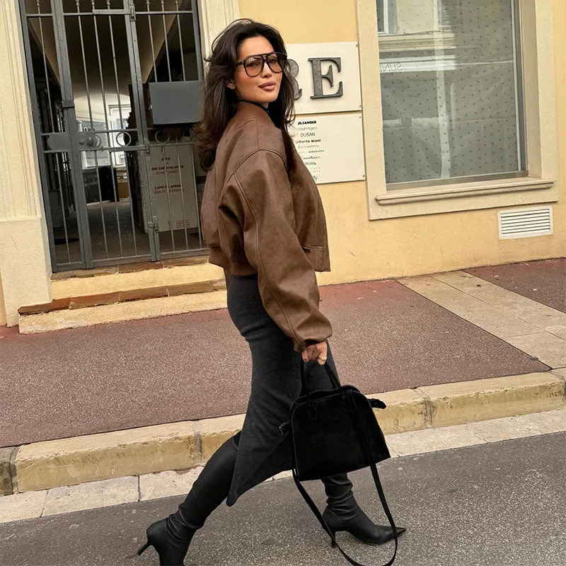 Retro Chic Brown Leather Bomber Jacket for Women