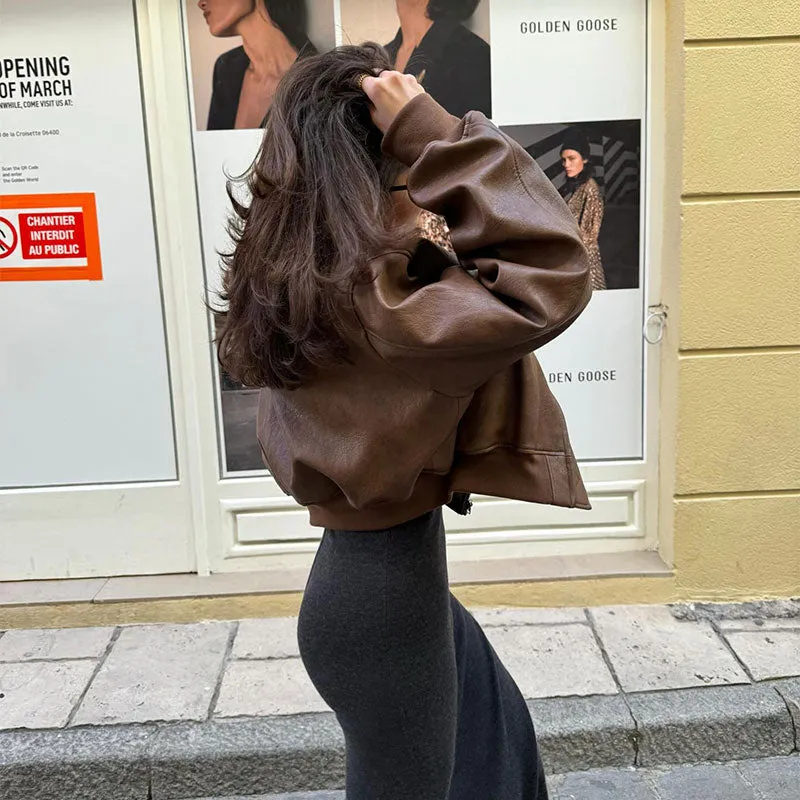 Retro Chic Brown Leather Bomber Jacket for Women