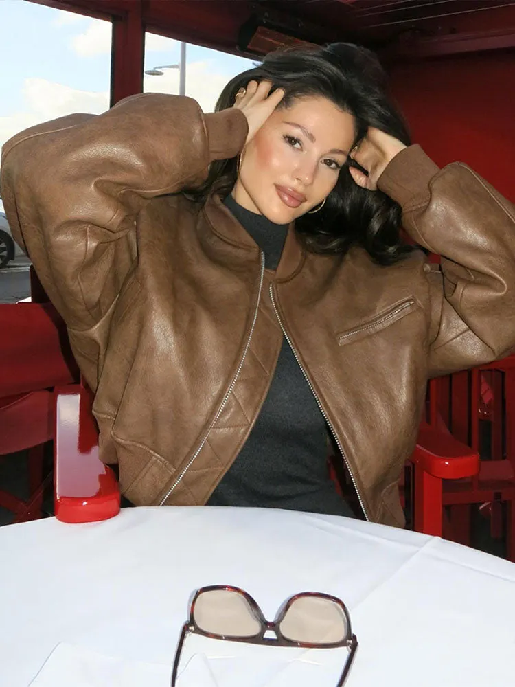 Retro Chic Brown Leather Bomber Jacket for Women