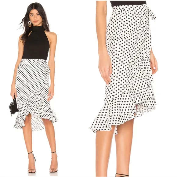 REVOLVE TULAROSA NWT Black &amp; White Polka Dot Ruffle Flounce Midi Wrap Skirt XXS
