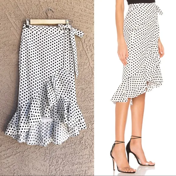 REVOLVE TULAROSA NWT Black &amp; White Polka Dot Ruffle Flounce Midi Wrap Skirt XXS