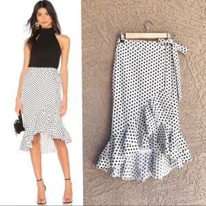 REVOLVE TULAROSA NWT Black &amp; White Polka Dot Ruffle Flounce Midi Wrap Skirt XXS