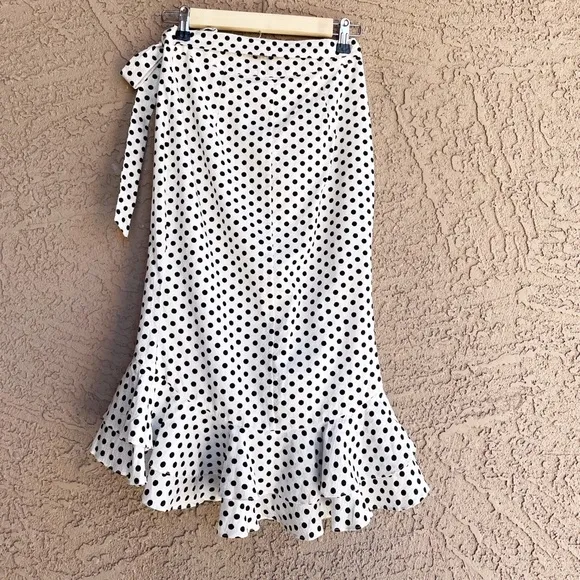 REVOLVE TULAROSA NWT Black &amp; White Polka Dot Ruffle Flounce Midi Wrap Skirt XXS