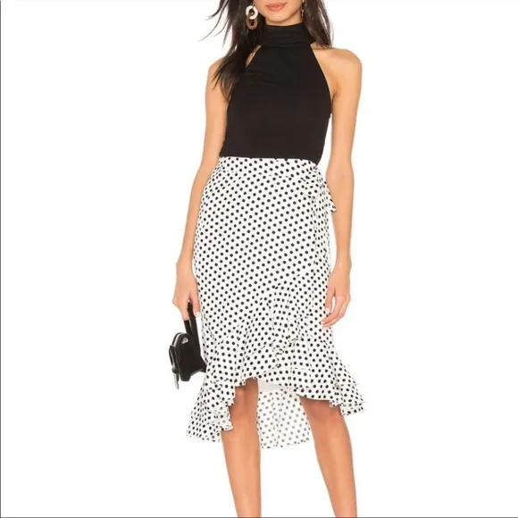 REVOLVE TULAROSA NWT Black &amp; White Polka Dot Ruffle Flounce Midi Wrap Skirt XXS