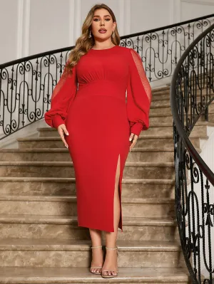 Round Neck Long Sleeve Tulle Midi Bodycon Dress HB100510