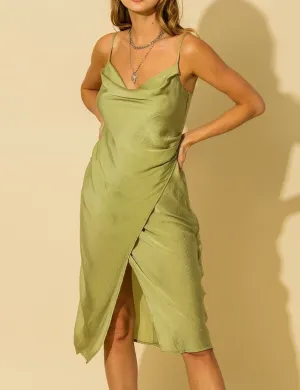Satin Cowl Neck Faux Wrap Midi Dress