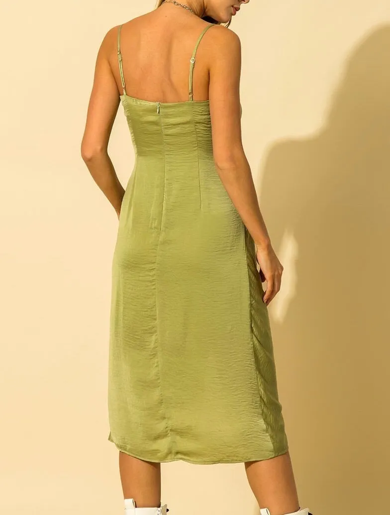Satin Cowl Neck Faux Wrap Midi Dress
