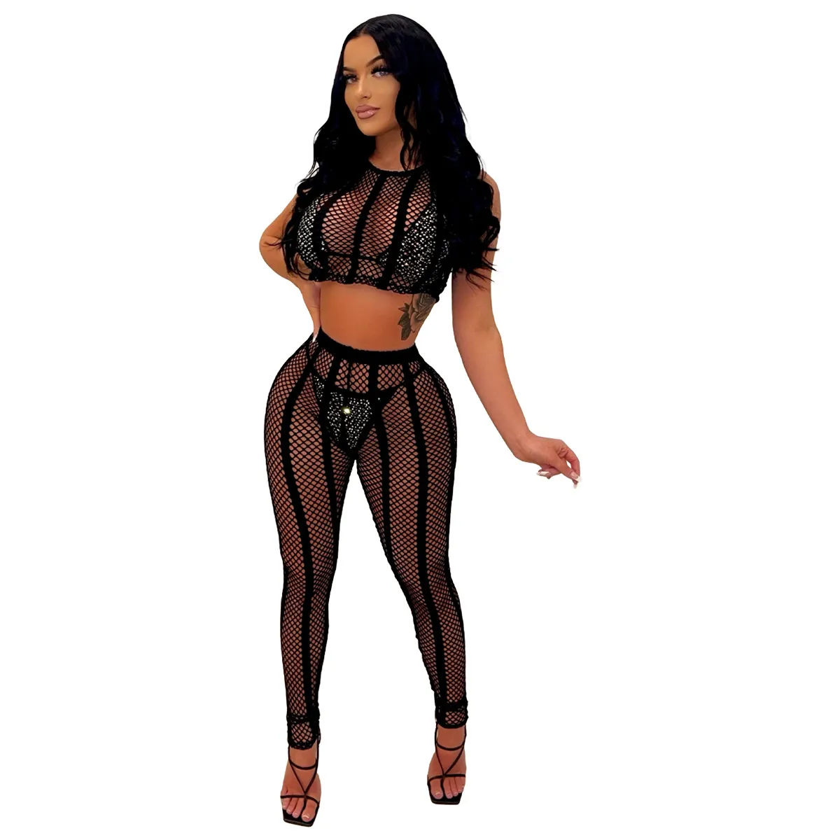 Sheer Crop Top & Skinny Pants Set