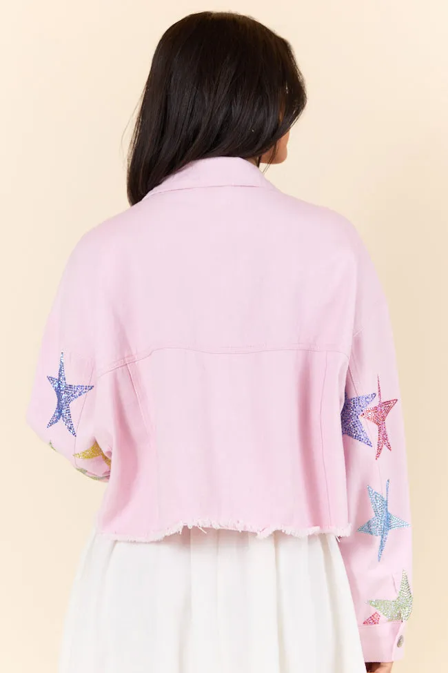 Shine Bright Light Pink Embellished Star Denim Jacket