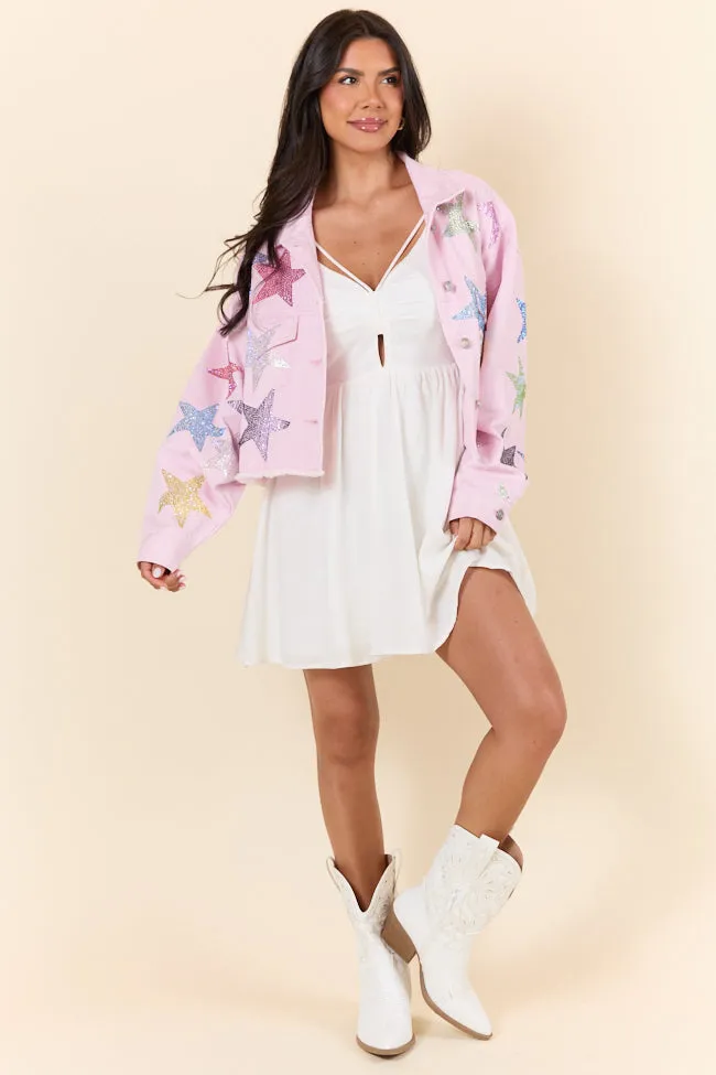 Shine Bright Light Pink Embellished Star Denim Jacket