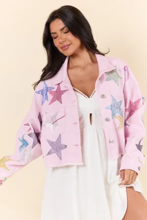 Shine Bright Light Pink Embellished Star Denim Jacket