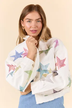 Shine Bright White Embellished Star Denim Jacket