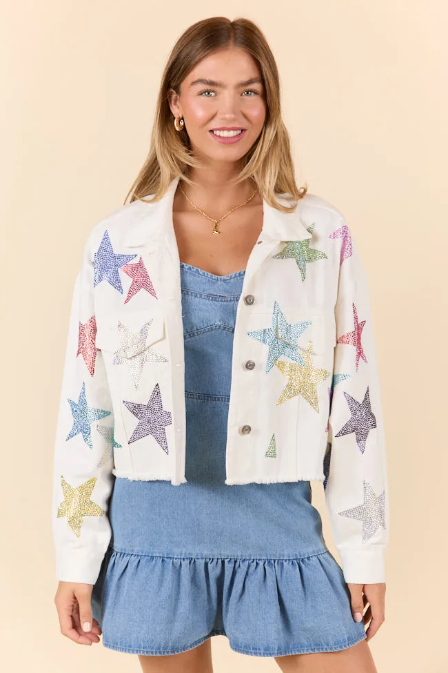 Shine Bright White Embellished Star Denim Jacket