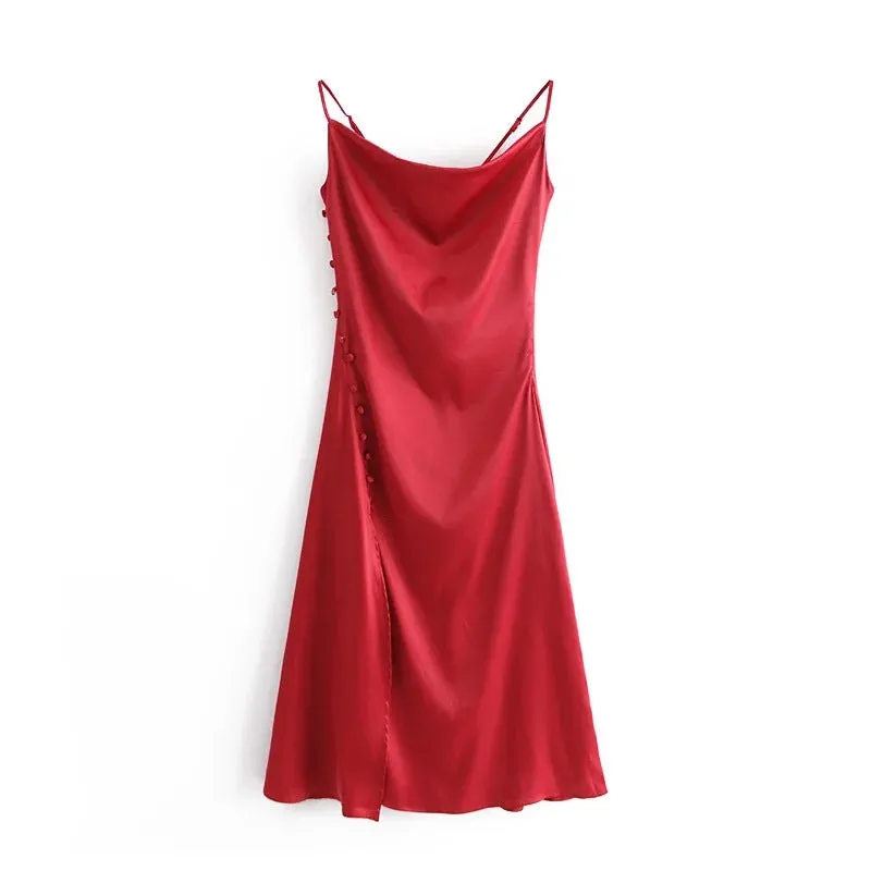 Sling Backless Silk Satin Slit Leg Midi Dresses