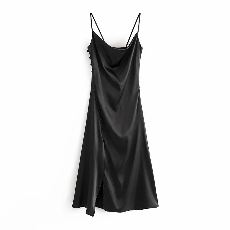 Sling Backless Silk Satin Slit Leg Midi Dresses