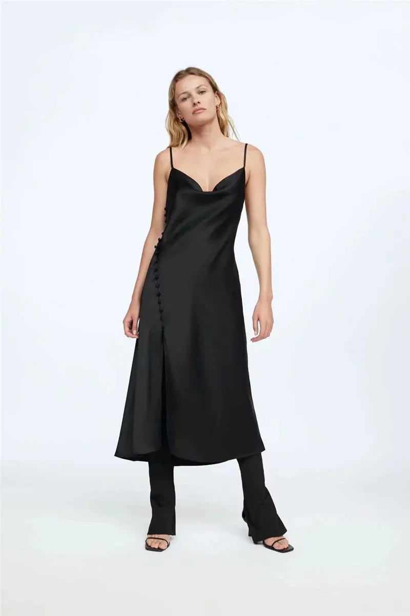 Sling Backless Silk Satin Slit Leg Midi Dresses