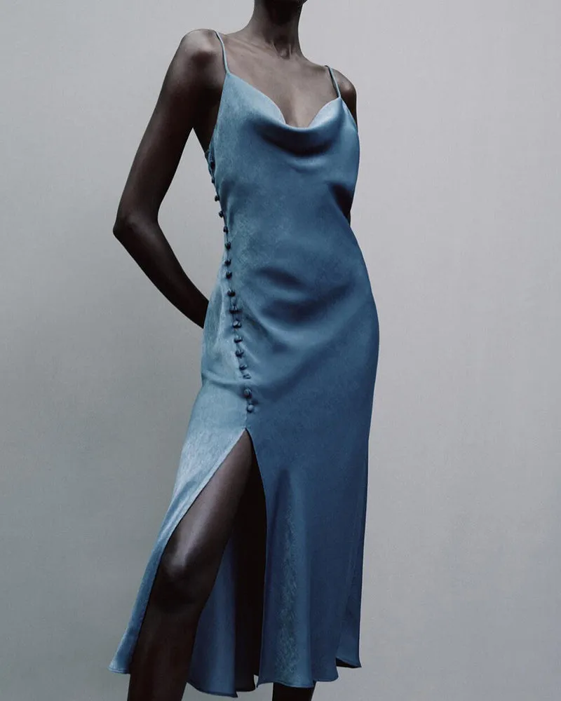 Sling Backless Silk Satin Slit Leg Midi Dresses