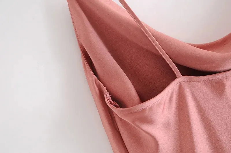 Sling Backless Silk Satin Slit Leg Midi Dresses