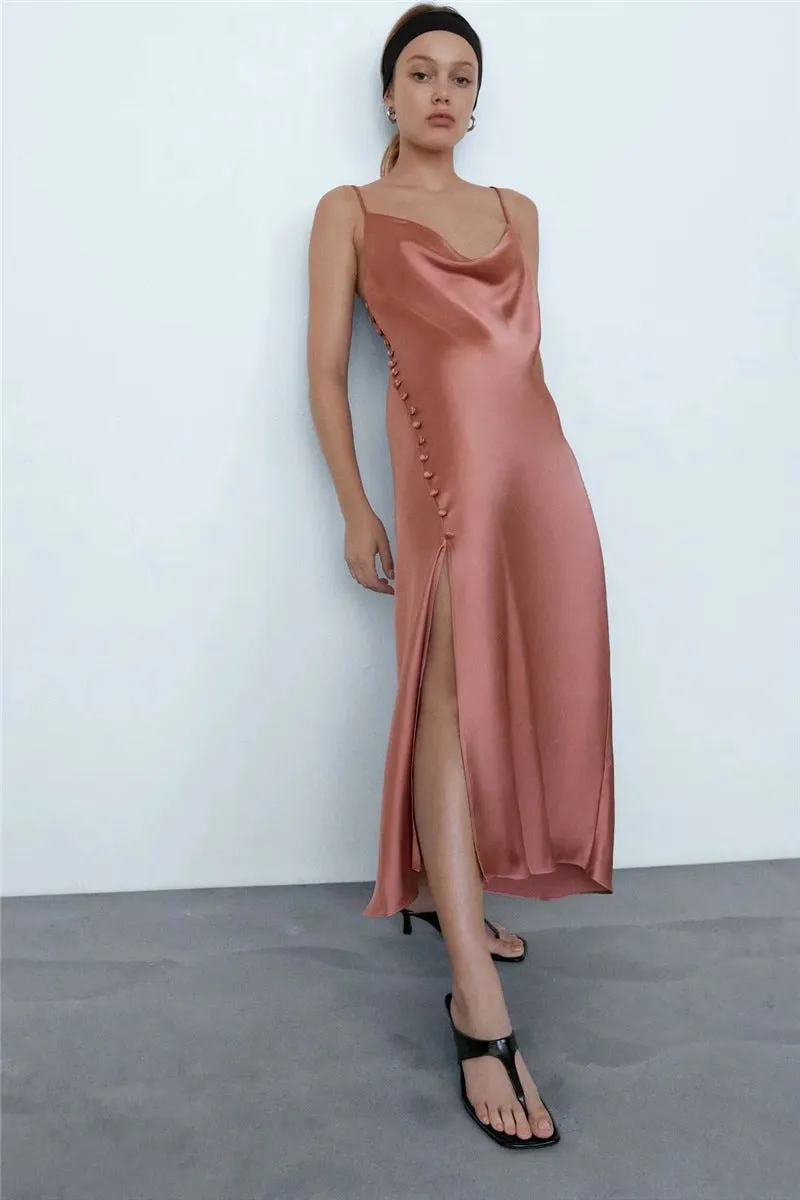 Sling Backless Silk Satin Slit Leg Midi Dresses