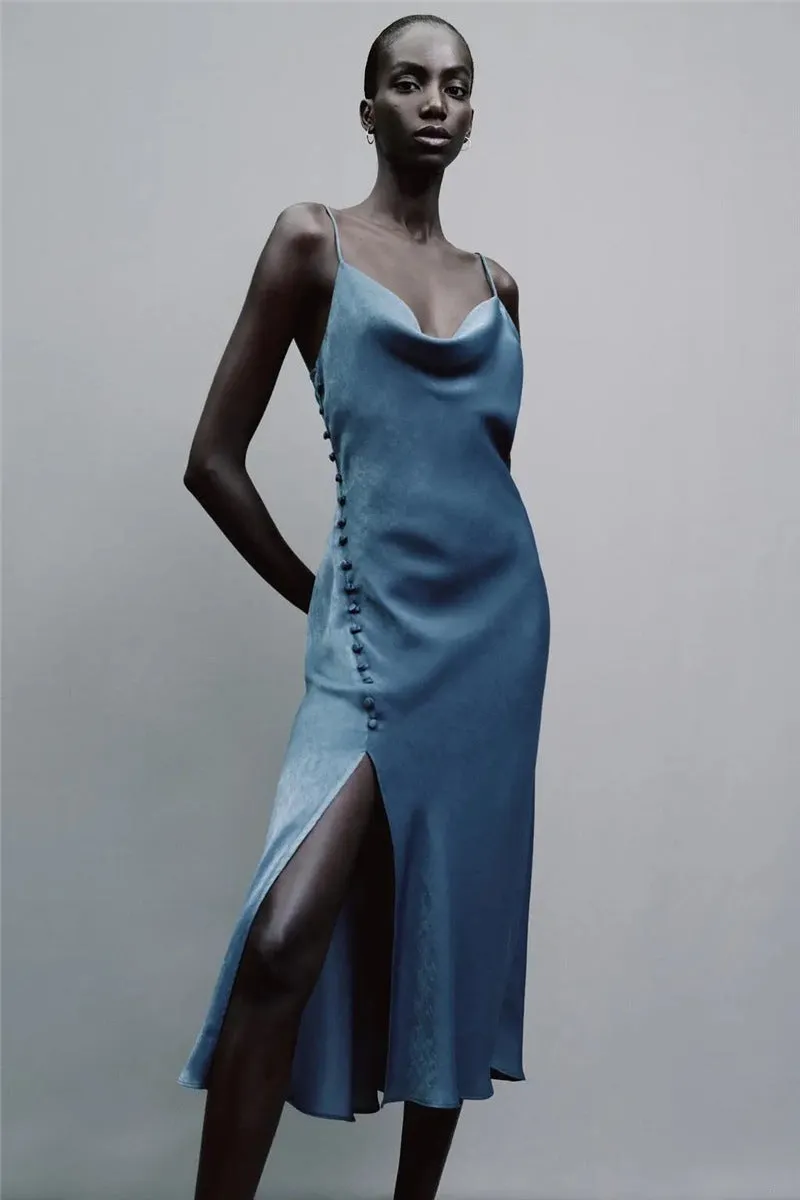 Sling Backless Silk Satin Slit Leg Midi Dresses