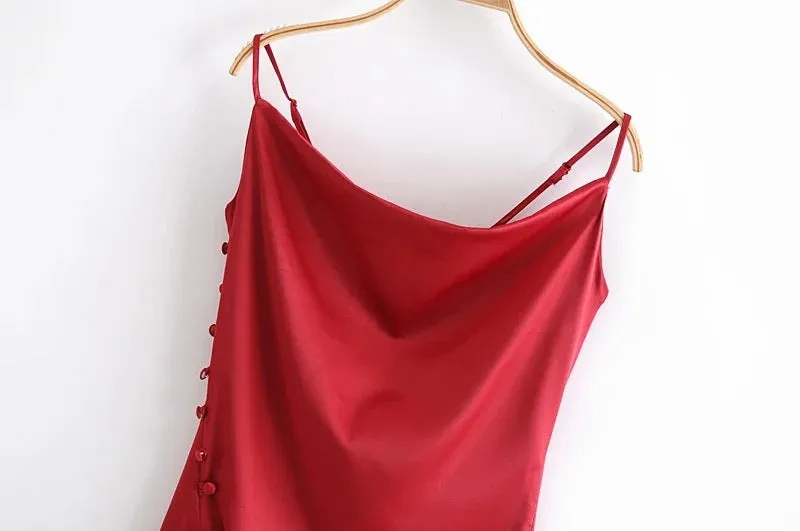 Sling Backless Silk Satin Slit Leg Midi Dresses