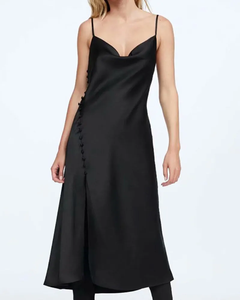 Sling Backless Silk Satin Slit Leg Midi Dresses